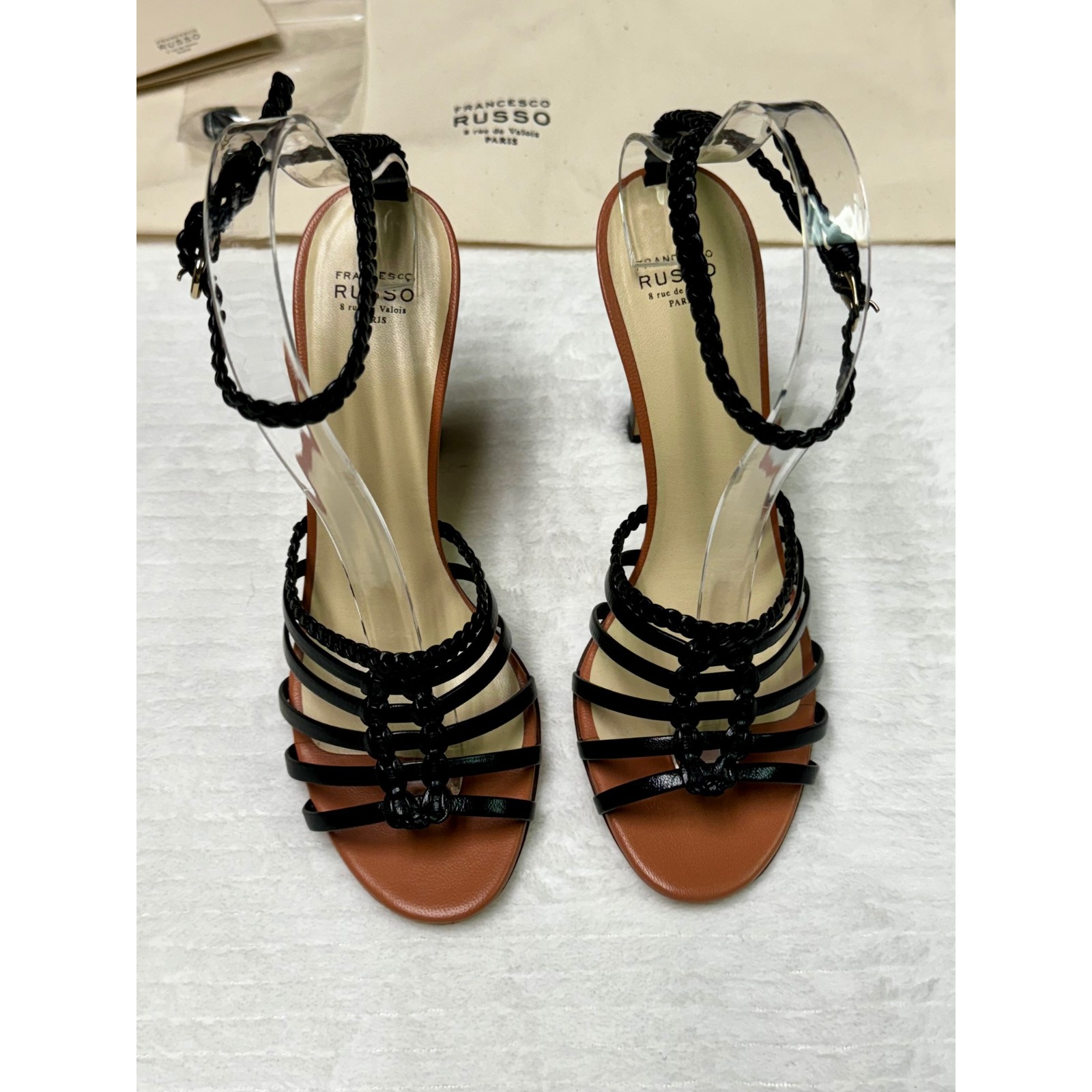 Francesco Russo Braided Ankle Strap Heeled Sandal, Black, Sz 38 — image 2 of 8
